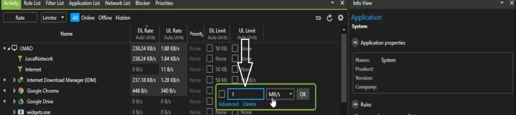 NetLimiter limit value field (block background usage)