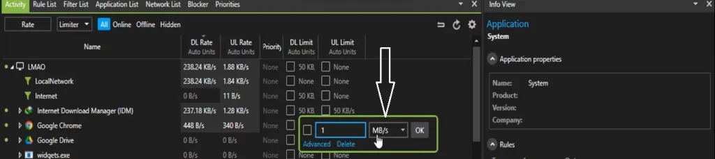 NetLimiter limit bandwidth type (block background usage)