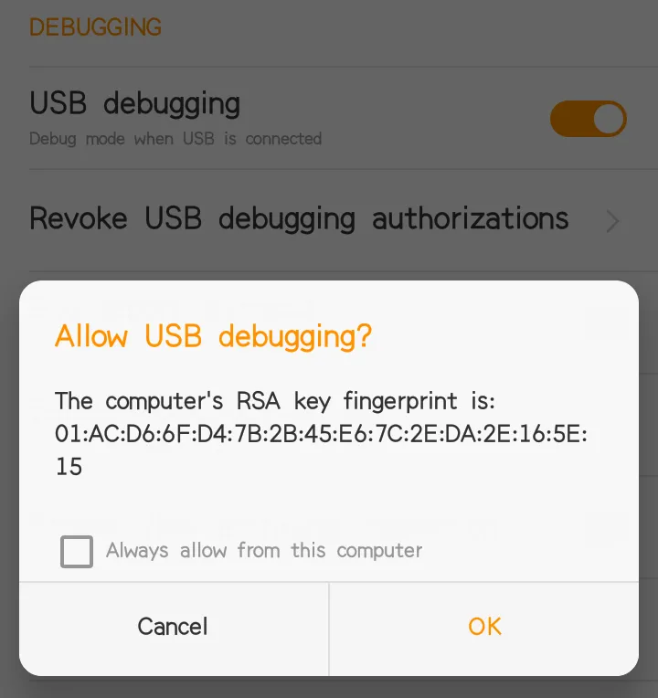 USB debugging auth message