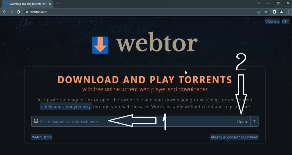 Convert Torrent to Direct Link webtor Load options
